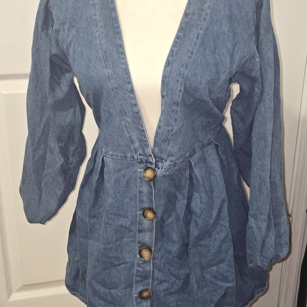 Blue Peplum Blouse 3/4 Sleeve Buttoned